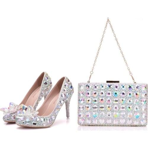 High Heels Pointed toe Women Wedding shoes with matching bags Bride Party Dress shoes and purse set Crystal Flower Thin heel