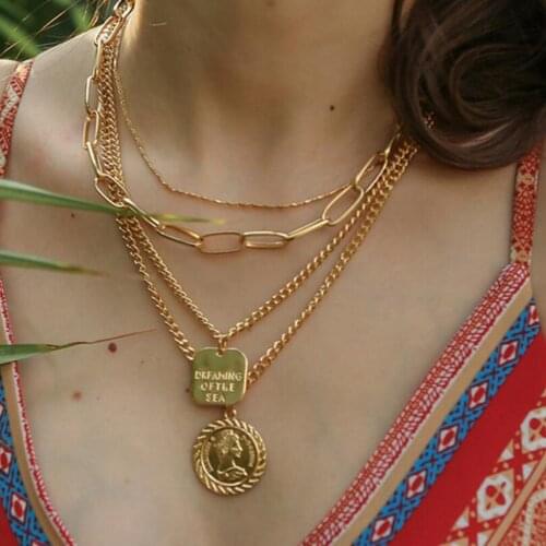 Jewelry For Women Vintage Portrait Coin Chain Choker Necklace Fashion Couple Necklace Pendant Exaggerated Geometric Necklace#25