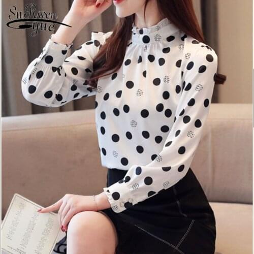 2021 Spring Fashion Shirt Women Chiffon Shirts Casual Stand Collar Women Tops Long Sleeve Polka Dot Print Blouses Clothes 6113