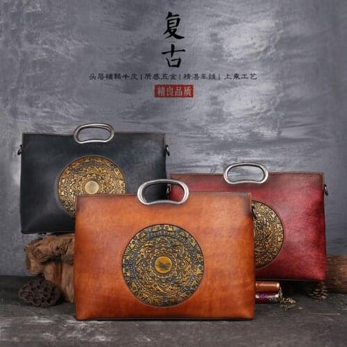 Retro Cowhide Handbag Genuine Leather Women Shoulder Crossbody Tote Handmade Totem Embossed Solid Ladies Luxury Messenger Bags