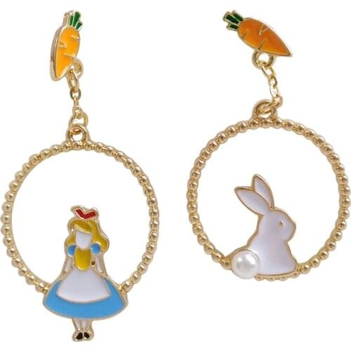 Forest Style Cartoon Blue Pink Enamel Asymmetrical Carrot Earrings Women Girls Brincos Cute Alice in Wonderland Earrings