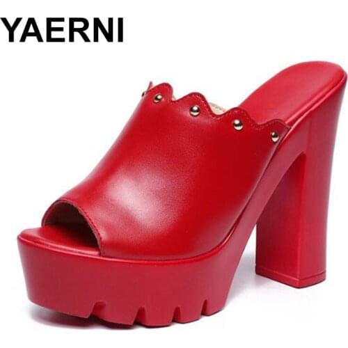 YAERNI Open Toe Plus Size 32-43 Block Heels Platform Shoes Woman Summer Slippers2020 Super Heels Leather Slides Women Slippers