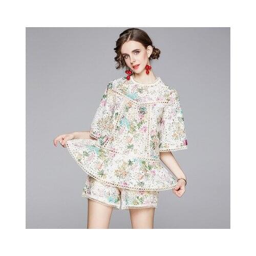 Elegant Flower Embroidery Lace Suit Set Women Batwing Sleeve Hollow Out Shirt Top + Wide Leg Shorts Runway Summer Two Pieces Set