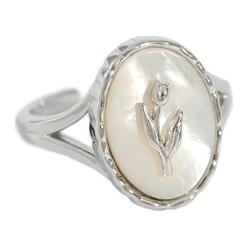 Real 925 sterling silver Tulip flower rings for women fine jewelry, elegant white shell oval ring wedding party accessories