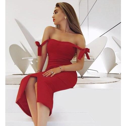 2021 New Fashion Women Red Off The Shoulder Sleeveless Sexy Bodycon Bandage Party Dress