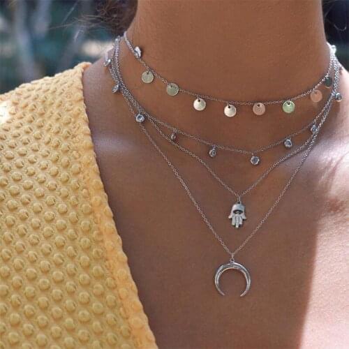 4 Pcs/Set Fashion Multilayer Necklaces Set Women Retro Moon Hand Crystal Beaded Clavicle Chain Beach Party Jewelry Lady Necklace
