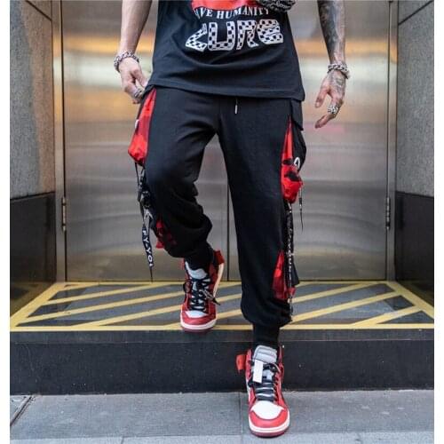 Men Letter Ribbons Cargo Pants Pockets Track Hip Hop Joggers Casual Techwear Male Trousers Sweatpants Sport Loose Streetwear