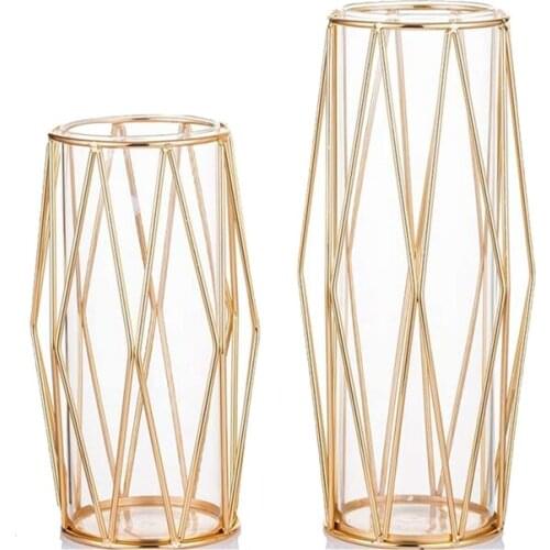 Vase Decorations for Living Room Glass Vase with Metal Rack Stand, Vases for Wedding Home Office-Golden
