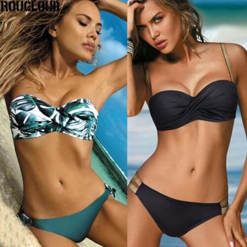 Women Sexy Bikinis 2021 Beach Leaves Leopard Printed Brazilian Bandeau Swimsuit Push Up Lace Up Female Bathing Suit Biquini Set