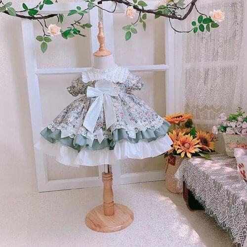 Summer Lolita Princess Lace Turkey Vintage Sweet Floral Shortsleve Bow Ball Gown Dress For Baby Girls Easter Birthday Party 0-6Y