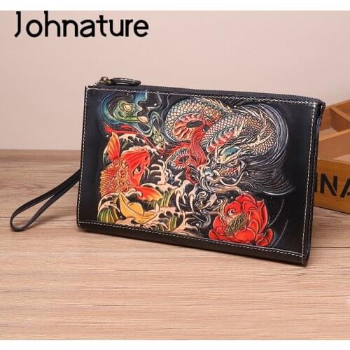 Johnature Advanced Handmade Leather Carving Men Bag 2021 New Vintage Large Clutch Bags First Layer Cowhide Man Handbag