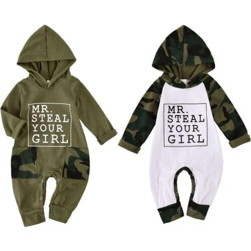 2020 New Fast Shipping 2Colors 0-18M Baby Boy Romper Letter Print Long Sleeve Hooded Jumpsuit For Cool BoysArmy Green/White