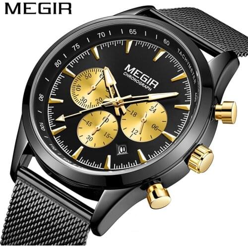 2020 New Relogio Masculino MEGIR Mens Fashion Watches Simple Black Man Business Stainless Steel Mesh Belt Quartz Watch Men Saat