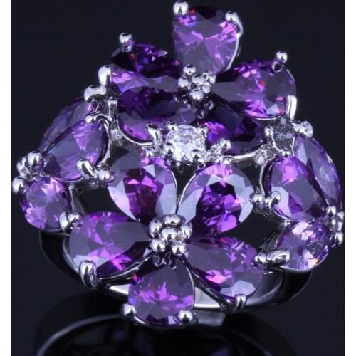 Ravishing Huge Purple Cubic Zirconia White CZ Silver Plated Ring V0162