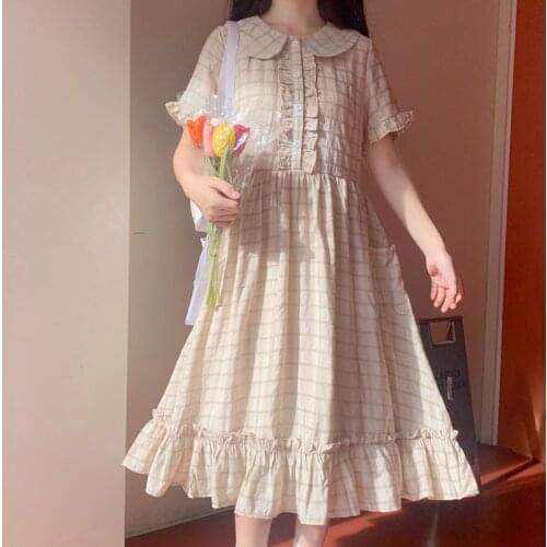 2021 Summer New Kawaii Girls Soft Girl Dress Japanese Sweet Cute Lace Ruffles Short Sleeve Plaid Dresses Lolita Women Clothing