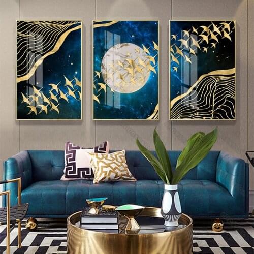 Nordic Style Canvas Painting Wall Poster Art Starry Sky Out of Window Big White Moon Golden Birds and Lines for Home Rooms Decor