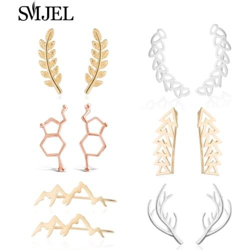 SMJEL Vintage Leaf Earrings Cuff Ear Climbers Wedding Jewelry Geometric Mountain Antler Branch Stud Earring Women Bridal Gift