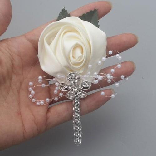 Factory Ivory Diamond Flower Lapel Pin Mens Wedding Boutonniere Handmade Wedding Brooch Buttonhole Grooms Boutonnieres XH0677Y
