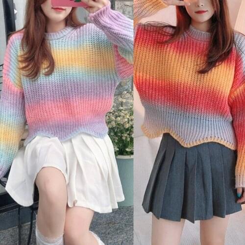 Women Long Sleeve O-Neck Sweater Autumn Harajuku Gradient Rainbow Striped Pullover Top Irregular Wave Hem Knitwear Jumper Shirt