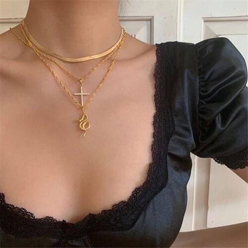 2021 Boho Crystal Cross Snake Shape Pendant Multilayer Necklace For Women Fashion Gold Flat Chains Choker Necklaces Jewelry Gift