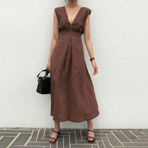 Summer Women Dress Solid Color Sexy V Neck elegant Summer High Waist Sleeveless Women Maxi Dress robe femme 2021 new