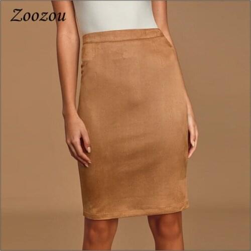 2020 Elegant Slim Suede Leather Skirts Vintage Suedette Knee Length Skirts Office Ladies Bodycon Pencil Skirt Plus Size Custom
