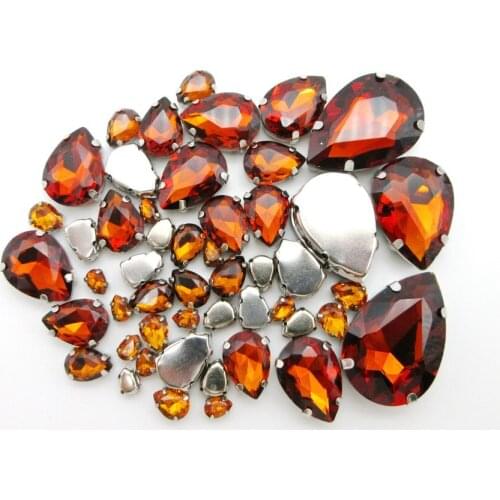 Tea color crystal glass mix water drop shape 7 sizes silver claw flatback sew on rhinestones beads garment applique diy trim