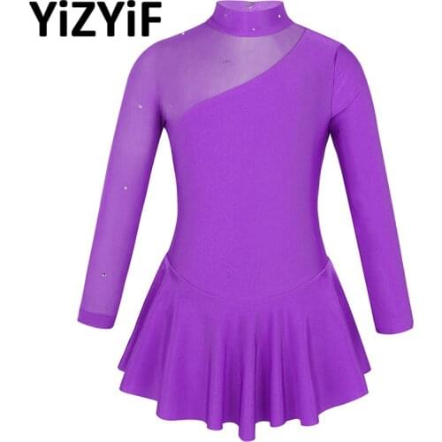 Kids Girls gymnastic dress Long Sleeves Mock Neck Tulle Splice Cutouts Back Figure Ice Skating Dress Ballet Dance Leotard Dress