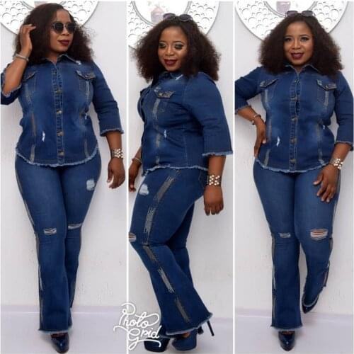 Denim Two Piece Set Tracksuit Women African Clothes Half Sleeve Jeans Top and Flare Pants Suits Sets Female Vintage Jean Outfits