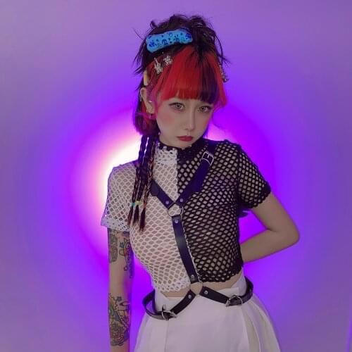 New Summer Gothic Punk Black White Stitching Slim T-Shirts Hot Girl Sexy Short Sleeve Harajuku Fashion Mesh Top