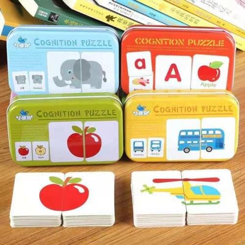 Montessori Baby Cognition Puzzle Toys Toddler Kids Iron Box Cards Matching Game Cognitive Card Car Fruit Animal Life Puzzle