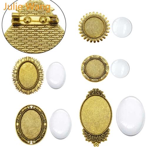 Julie Wang 1PCS Brooch Base Pins Alloy Antique Silver Gold Blank Tray Setting With Glass Cabochon DIY Jewelry Making Accessory