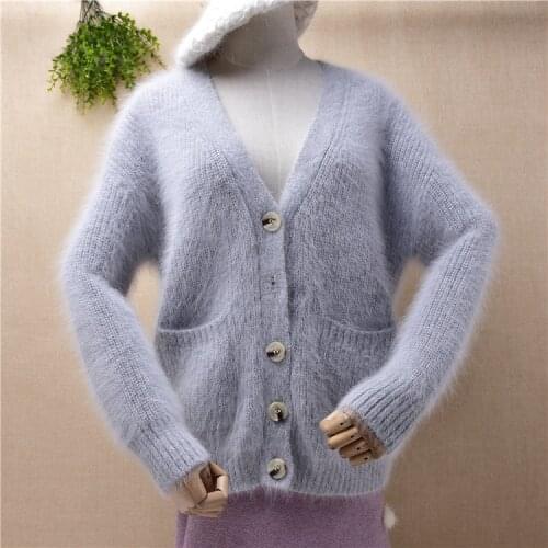 Pull femme women winter mink cashmere knitted long sleeves v-neck loose cardigans angora rabbit hair winter jacket coat sweater