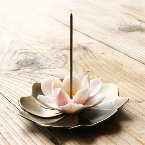 Ceramic Lotus Incense Burner with Antique Copper Base Incense Stick Holder Aromatherapy Censer Home Teahouse Decor Ornaments