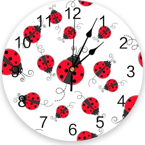 Red Ladybug Silent Decorative Wall Clock Digital Clock Operated Round Home Office School Clocks
