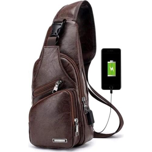 Mens Chest Bag with Charge Port USB Bag Retro Crossbody Pu Leather Vintage Business Bag Pouch for Sport Dark Brown