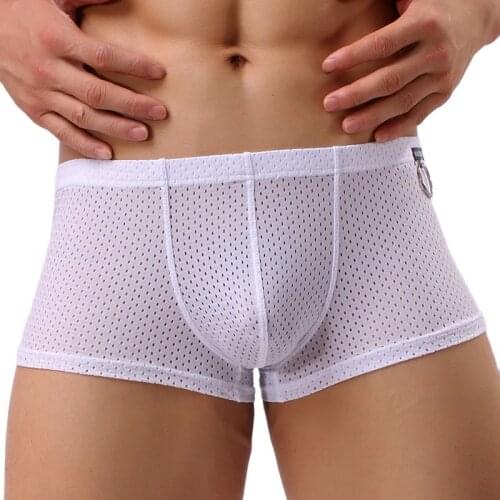 Mens Underwear Boxer Shorts Men Breathable Mesh Underpants Sexy See Through Hollow Boxers Male Panties Man Metal Rings Shorts
