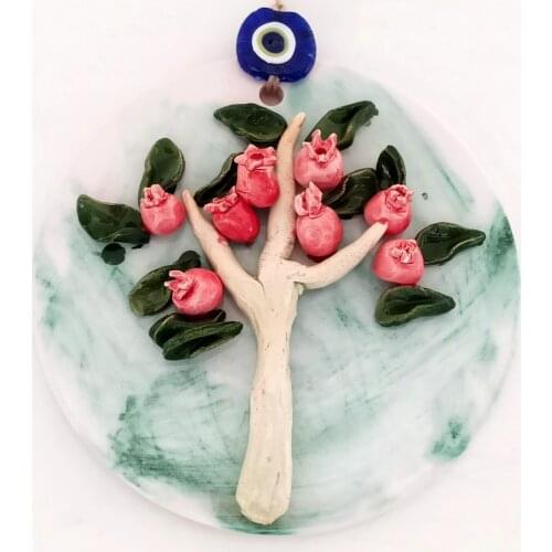 Handmade Evil Eye Beaded Wall Ornament with Marble Patterned Ceramic Pomegranate Tree