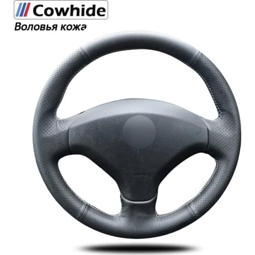 Black Genuine Leather Car Steering Wheel Cover for Peugeot 408 /Peugeot 308