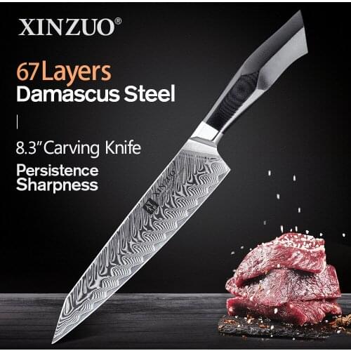 XINZUO 8.3'' inch Carving Knife VG10 Damascus Steel Kitchen Slicing Knife with G10 Handle Best Gift Knives Cleaver Cook Tools