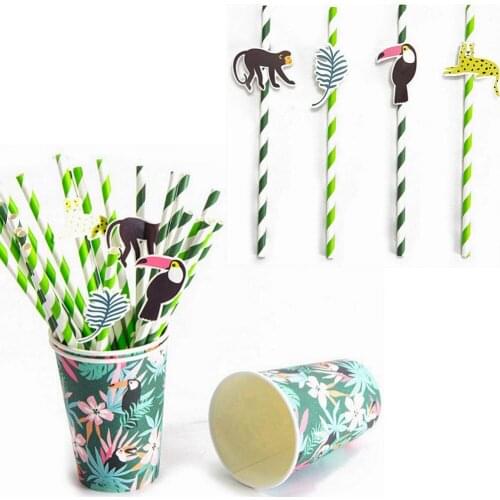 Pack of 24 Jungle Animal Party Paper Straws with Toucan Monkey Tropical Leaves Cutouts Tropical Birthday Party Shower Supplies
