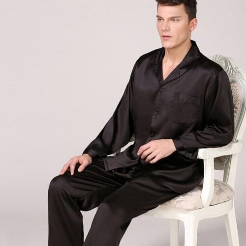 Spring Autumn Long Sleeve Pajamas Suit Men Sleepwear Soft Faux Silk Satin Pijamas Suit Loungewear Black Elastic Waist Home Wear
