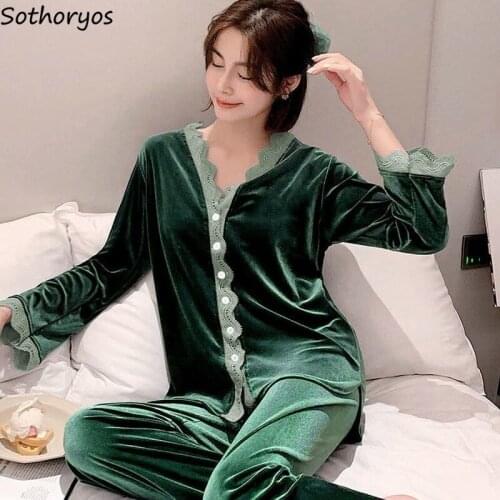 Pajama Sets Women Velour Lace Solid Single Breasted Womens Sexy Pjs Elegant Sleepwear Cozy Fall V-neck Sweet Korean Style Trendy