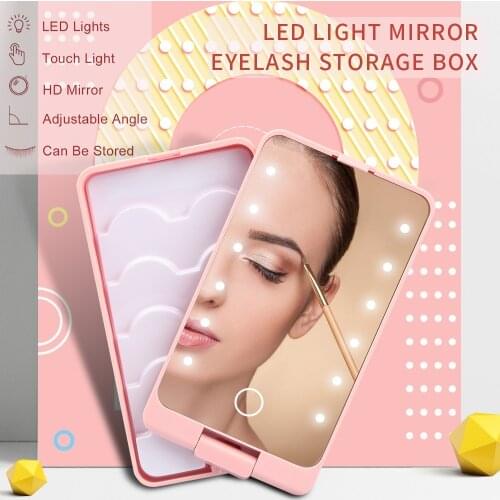Portable Mini LED Makeup Mirror with 12 Lights Touch Screen Eyelash Holder Case Storage Box Folding Adjustable Vanity Mirror