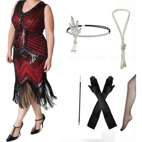 Plus Size Women 1920s Art Deco Great Gatsby Sequin Fringe Flapper Dress Tassels Costume Accessories Set with Sleeveless