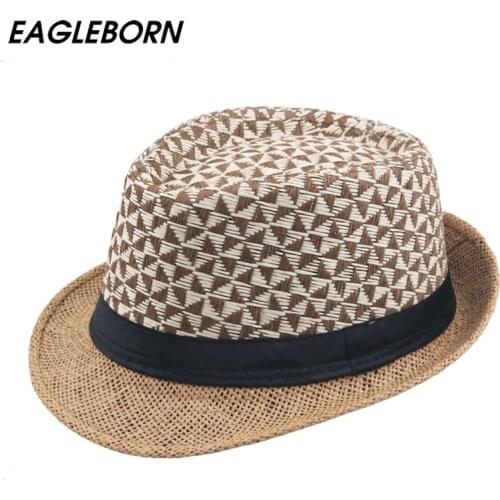 Classic Male Fedora Straw Hat Sun Protection Summer Beach Panama Hats for Women Trilby Cap Man Jazz Hat Party Triangle Lattice