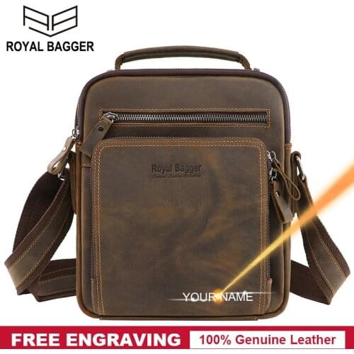 Royal Bagger Shoulder Bag Men Crazy Horse Leather Sling Messenger Bags Casual Retro Fashion Handbag for Man Genuine Cow Leather