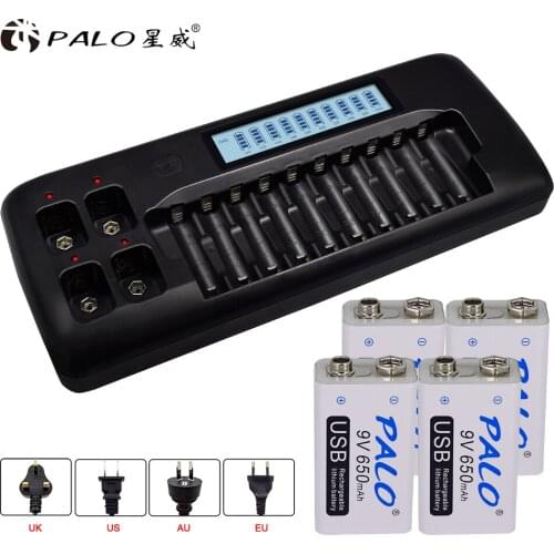 PALO 9V Charger battery charger for 3.7V/9v batteries 1.2v aa aaa ni-mh ni-cd rechargeable battery with 4pcs 9V usb battery