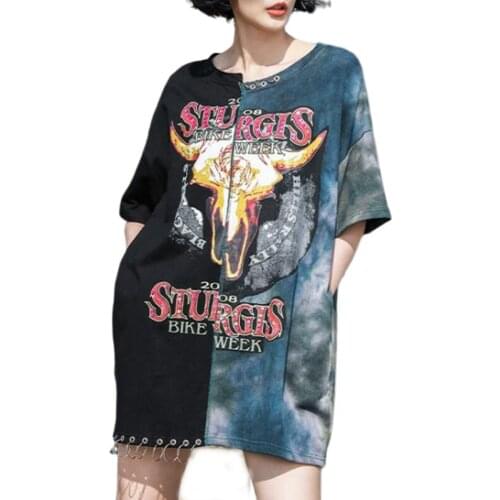 Hiphop Womens T-shirt Short Sleeve T-shirt Skull Head Metal Ring T Shirt Women Korean Clothes Punk Big Size Color Hit LT036S50