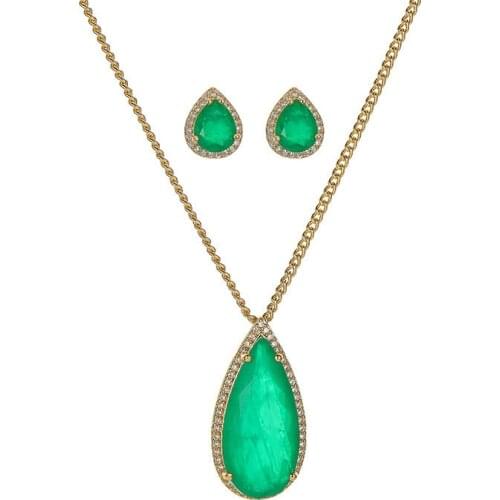 Funmode Classic Waterdrop Green Cubic Zirconia Necklace Earring Sets For Women Fashion Jewelry Sets FS27